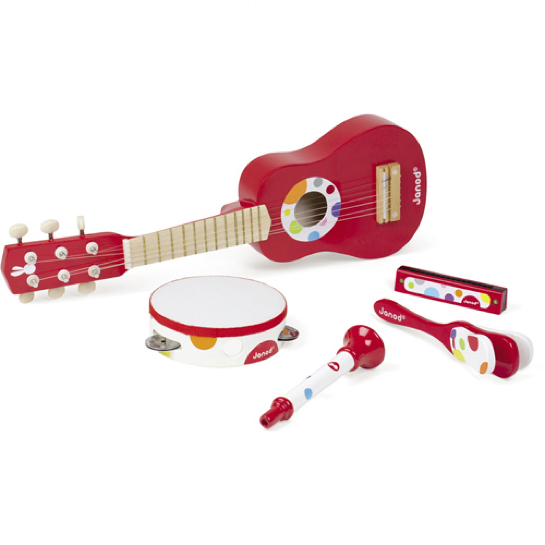 Набор красных музыкальных инструментов - гитара, бубен, губная гармошка, дудочка, трещотка