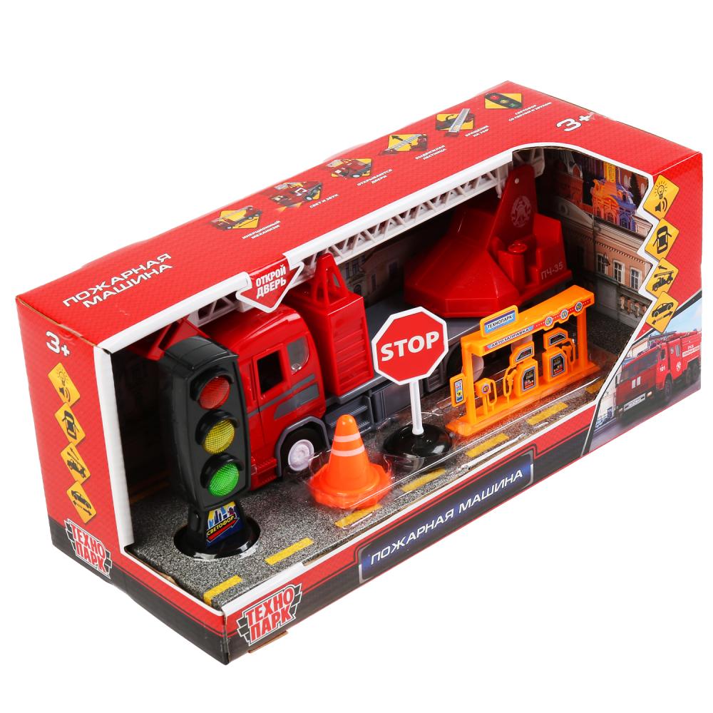 Инерционная пожарная машина, 23 см свет и звук, светофор и знаки  