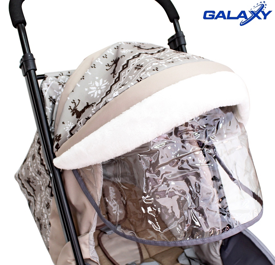 Санки-коляска Snow Galaxy Luxe, Скандинавия, коричневая, на больших мягких колесах c сумкой и муфтой  