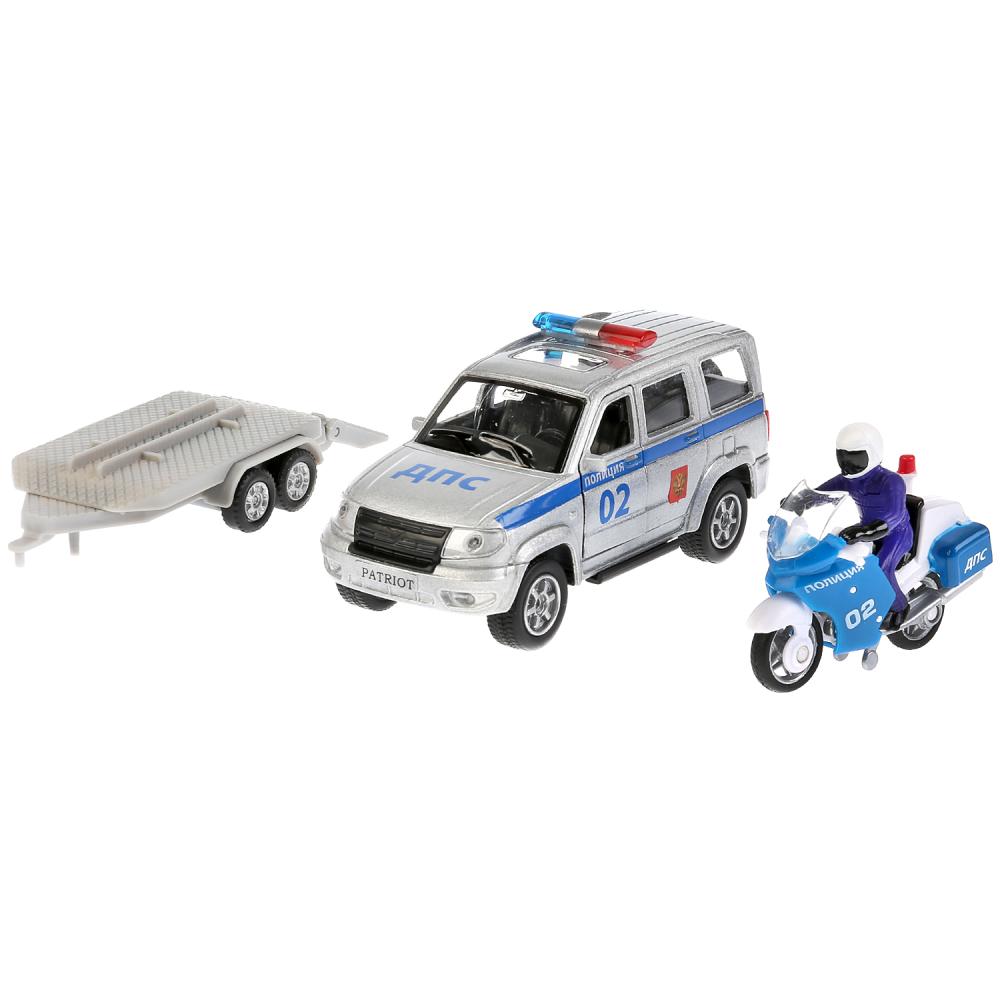Набор моделей Uaz Patriot Полиция 12 см, инерционный и мотоцикл на прицепе  