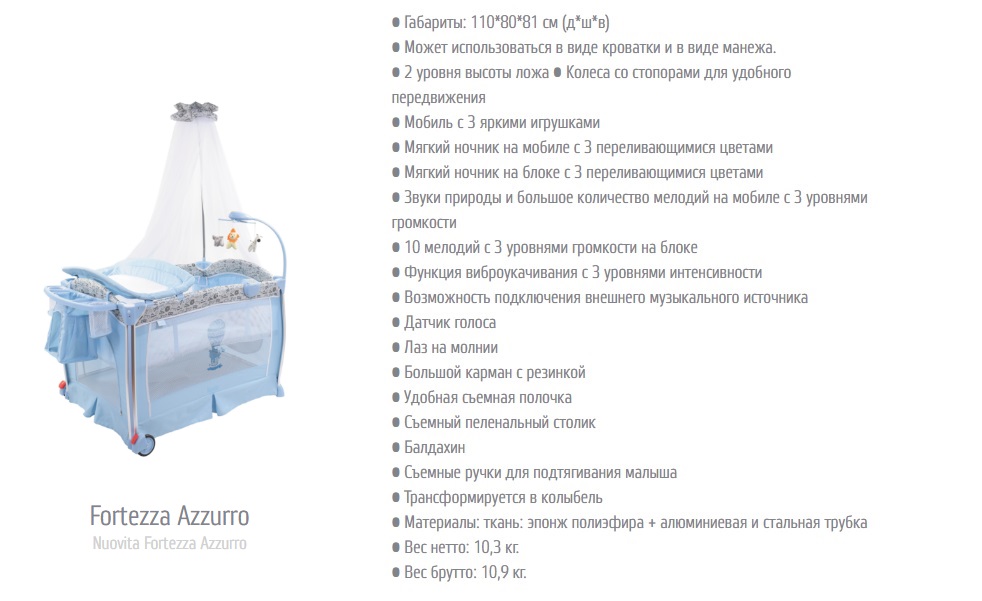 Детская кровать-манеж Nuovita Fortezza, цвет - Azzurro / Лазурный  