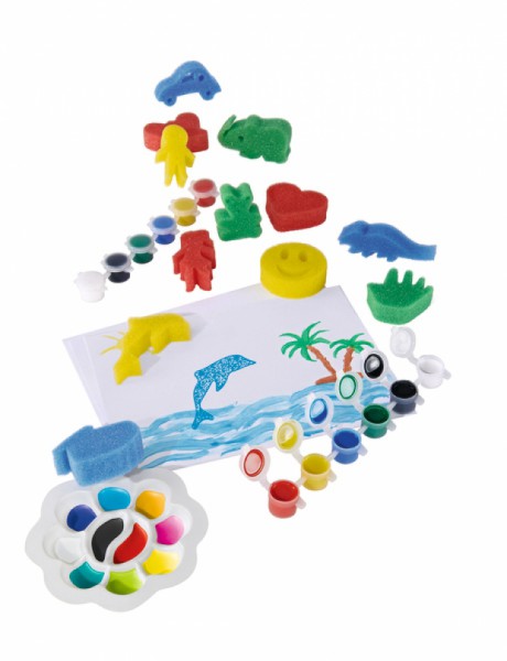 Набор для рисования : краски, губки, кисточка, листы  