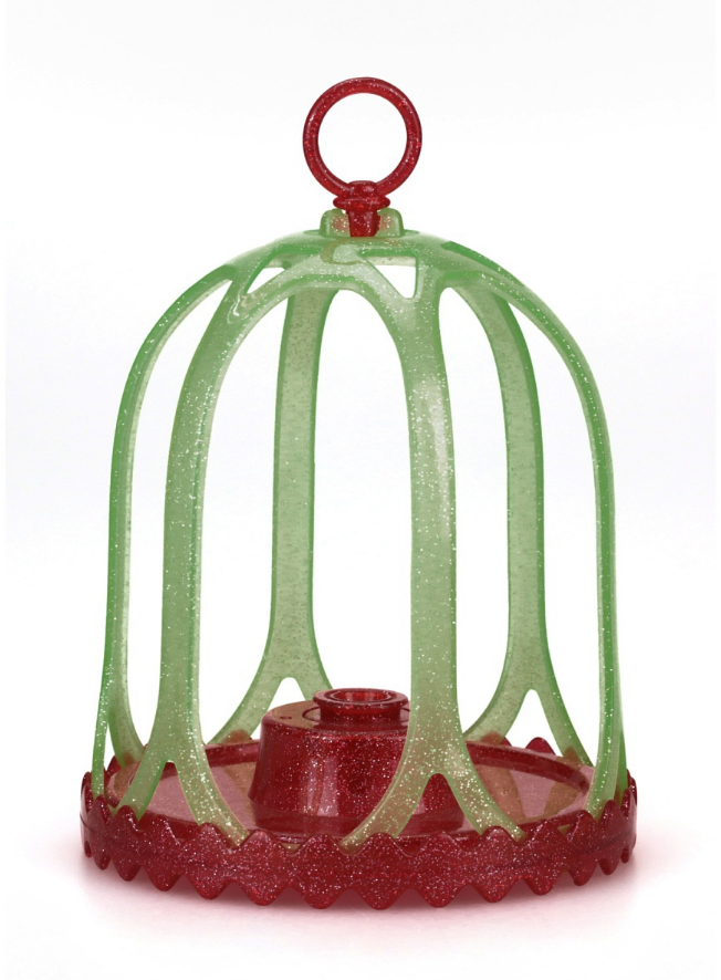Птичка DigiFriends с большой клеткой и кольцом, красная голова и зеленое туловище с сердечками   
