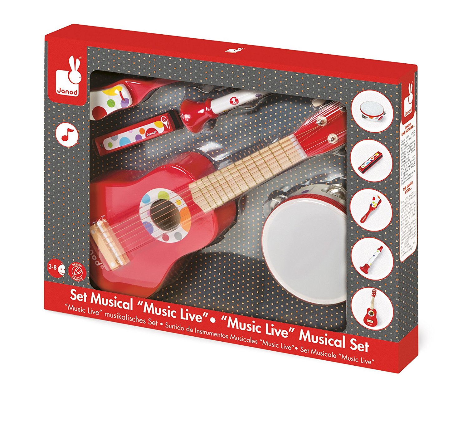 Набор красных музыкальных инструментов - гитара, бубен, губная гармошка, дудочка, трещотка  