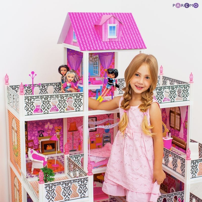 3-этажный кукольный дом, 7 комнат, мебель, 3 куклы  