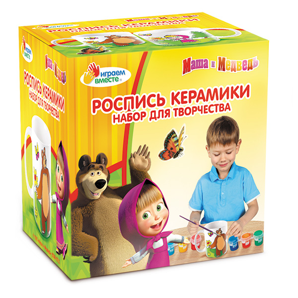 Кружка керамическая для росписи с рисунком - Маша и Медведь, краски и кисточка в комплекте  