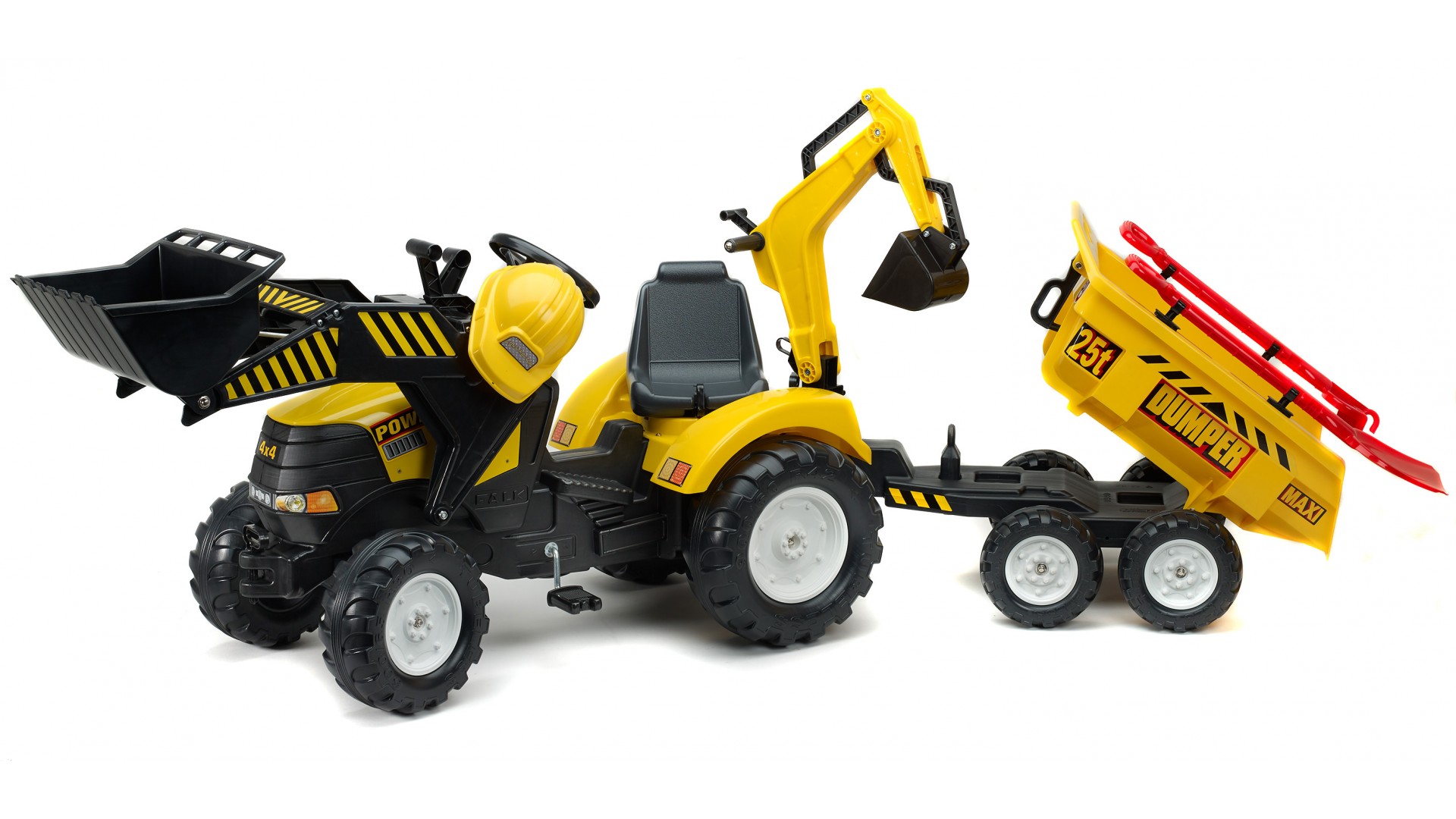 Педальный трактор-экскаватор с прицепом, черно-желтый, 230 см  