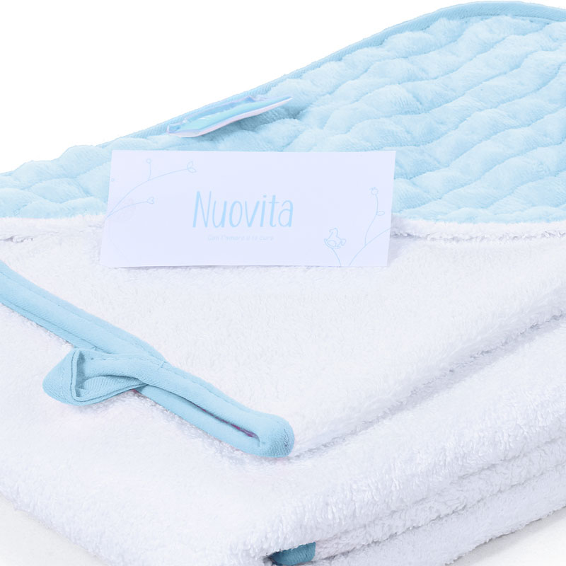Полотенце с уголком и варежкой Nuovita Grazia 100x100 махра/плюш-клетка, бело-голубой  