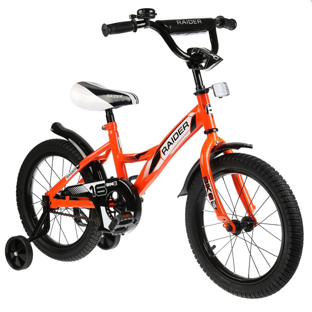 Велосипед детский двухколесный - Raider, оранжево-черный, колеса 16 дюйм, рама GW-тип, страховочные колеса, звонок  