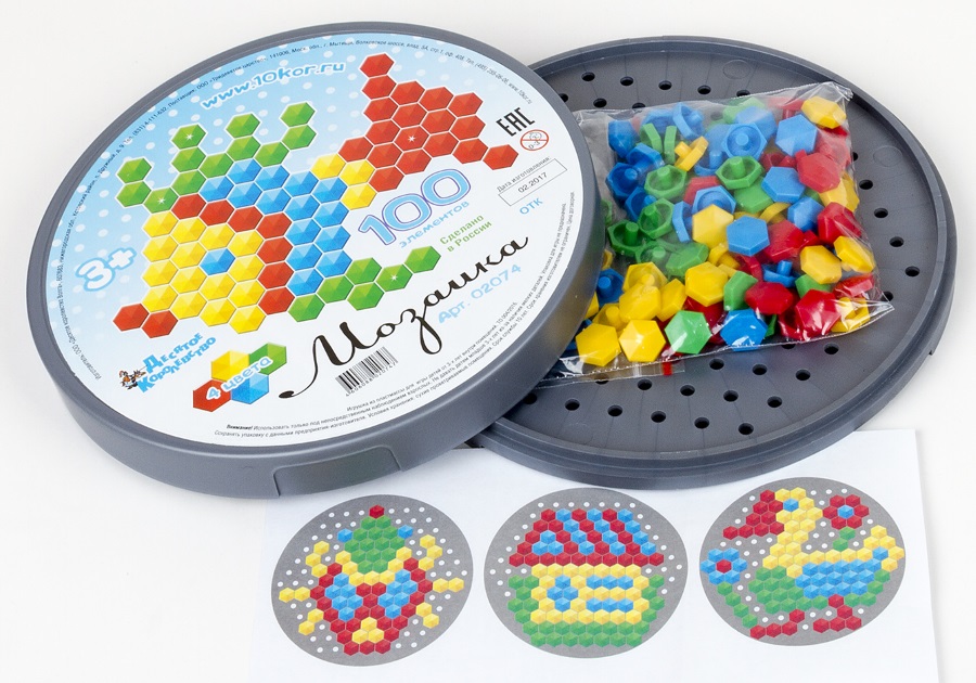 Мозаика круглая шестигранная, 100 элементов в пластиковой коробке  