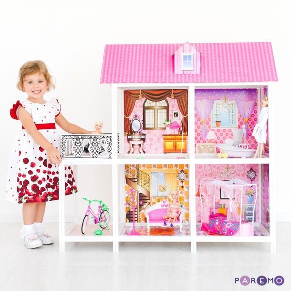 2-этажный кукольный дом, 4 комнаты, мебель, 3 куклы, велосипед  