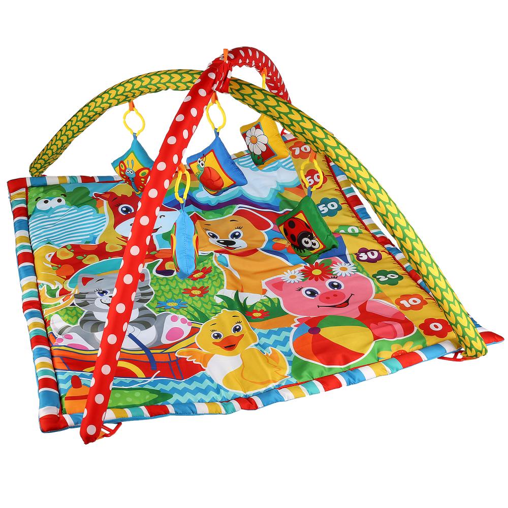 Детский игровой коврик с мягкими игрушками-пищалками на подвеске  