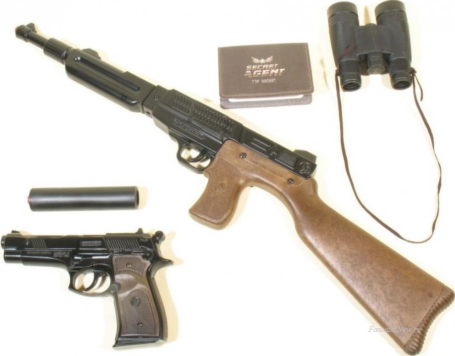 Набор - Секретный агент - Штурмовая винтовка, пистолет с глушителем на 8-ми зарядных пистонах, бинокль, удостоверение  