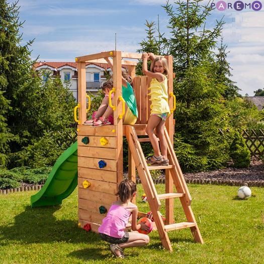 Игровой набор для детской площадки: башня с скалолазной доской, горкой и ограждением под песочницу  