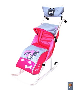 Санки-коляска Комфорт Люкс 11 - Любопытный щенок с колесиками и муфтой, розовый  