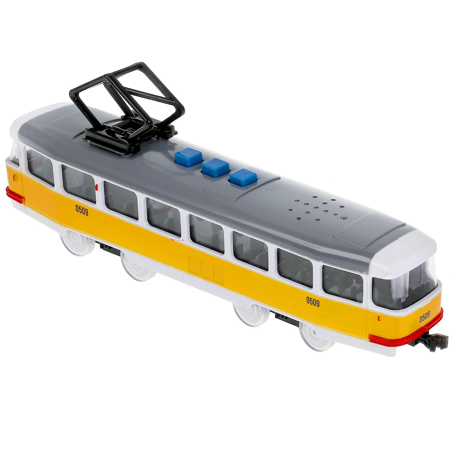 Модель Трамвай 21,5 см свет-звук 3 кнопки инерционный пластиковый желтый  