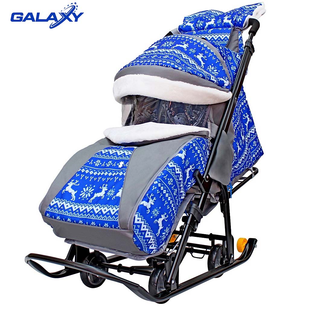 Санки-коляска на больших мягких колесах с сумкой и муфтой - Snow Galaxy Luxe, зимняя ночь, олени син