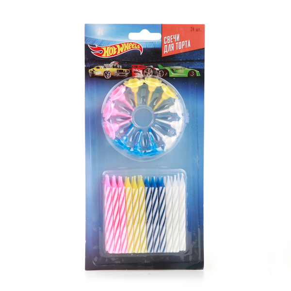 Набор из 24-х свечей для торта Hot Wheels + 12 подставок на блистере Набор из 24-х свечей для торта Hot Wheels + 12 подставок на блистереСвечи для торта<br>Набор из 24-х свечей для торта Hot Wheels + 12 подставок на блистере<br>