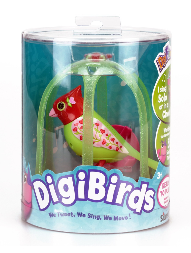 Птичка DigiFriends с большой клеткой и кольцом, красная голова и зеленое туловище с сердечками   