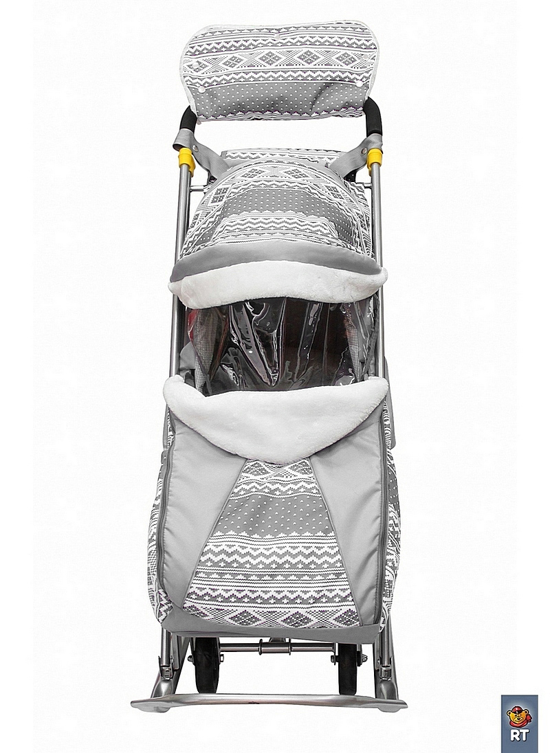Санки-коляска Snow Galaxy Luxe, цвет – серая, на больших мягких колесах, с сумкой и муфтой  