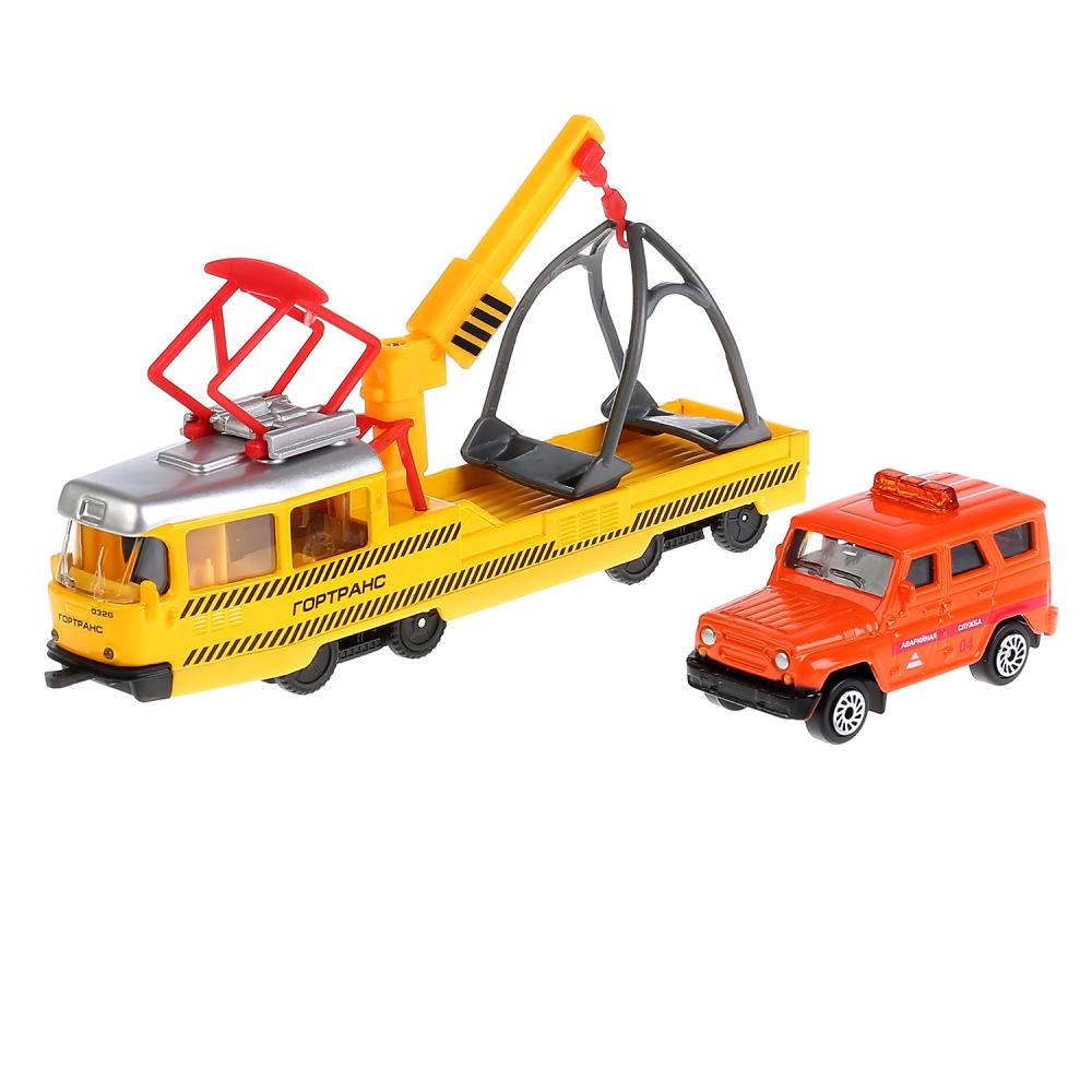 Набор металлических машин ™Технопарк – Ремонтный трамвай 16,5 см и УАЗ Hunter  
