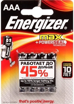 Батарейки Energizer Max PowerSeal, типоразмер ААA LR-03, мизинчиковые, 4 штуки