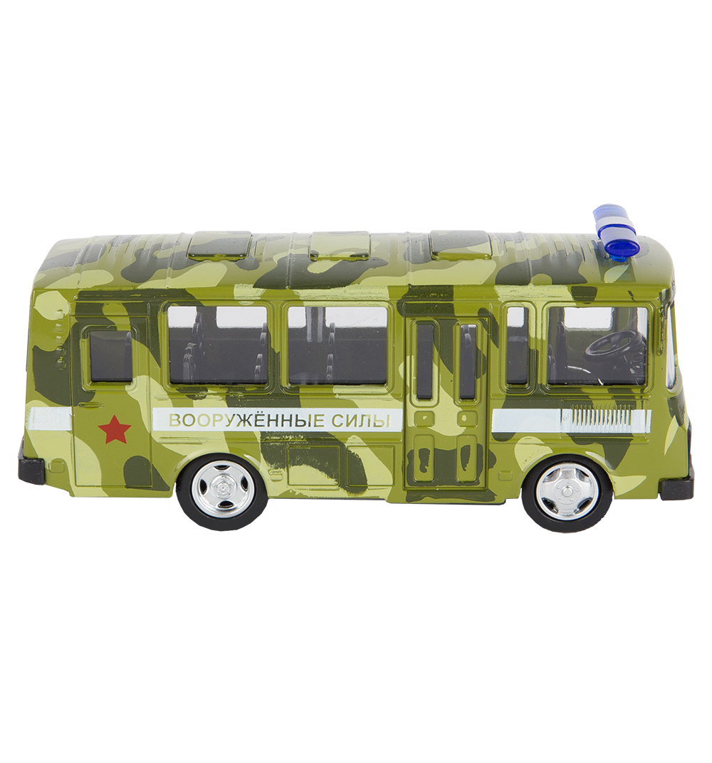 Инерционный металлический автобус – Военный, масштаб 1:61  