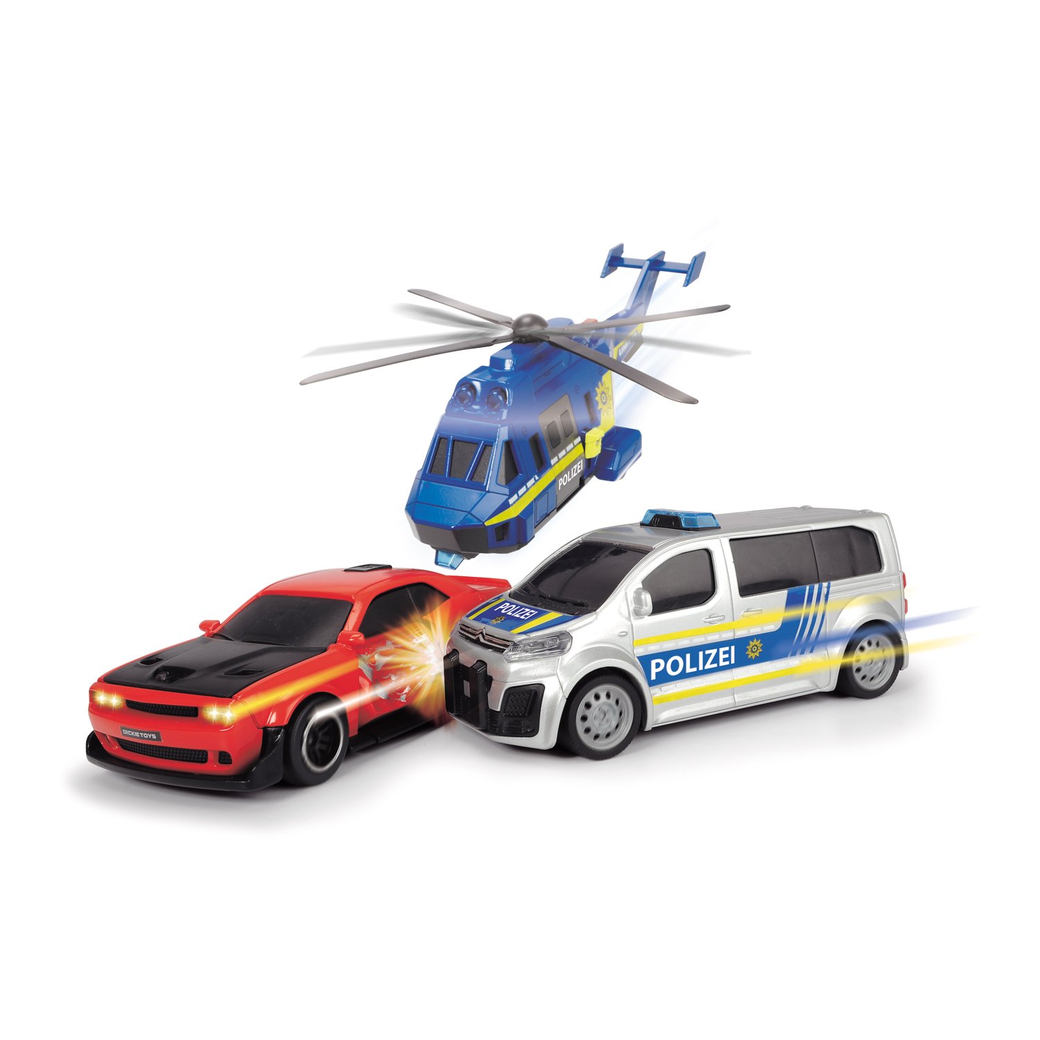 Игровой набор - Полицейская погоня, вертолет, 2 машинки Dodge и Citroen, свет, звук  