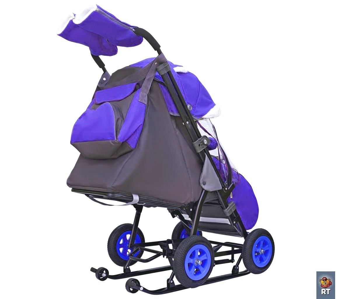 Санки-коляска Snow Galaxy City-1-1 – Серый зайка на фиолетовом, на больших надувных колесах, сумка, варежки  