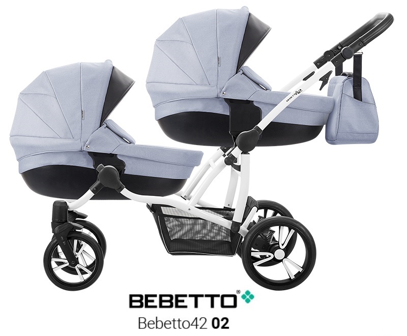 Детская коляска Bebetto42 2017 для двойни 2 в 1, светло-голубая с черным, шасси белая/Bia  
