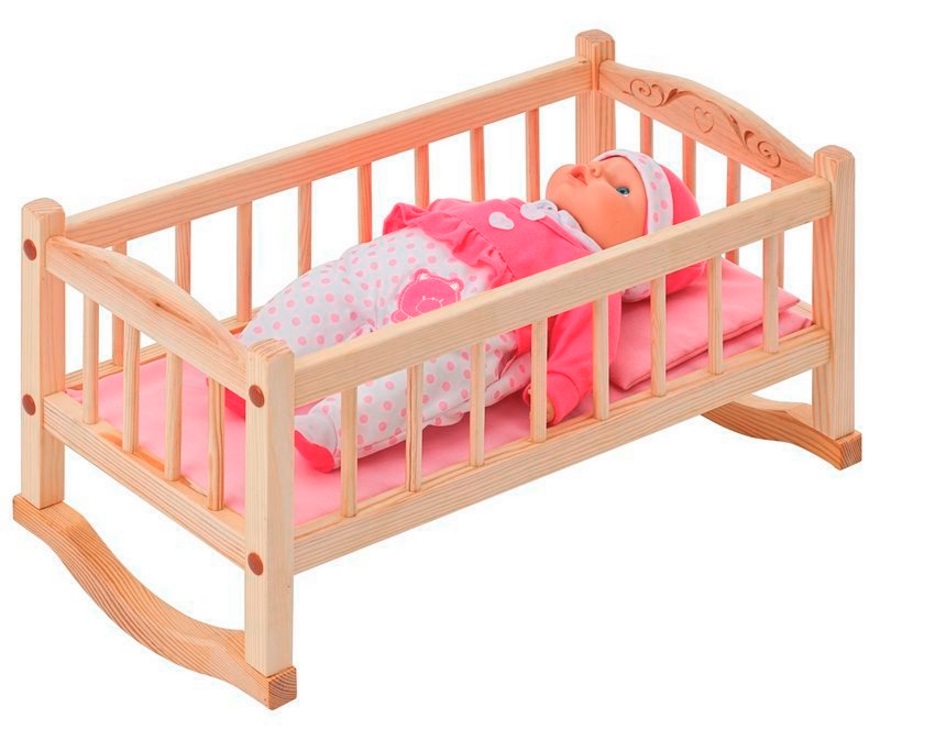 Деревянная кроватка-люлька для кукол, розовый текстиль  
