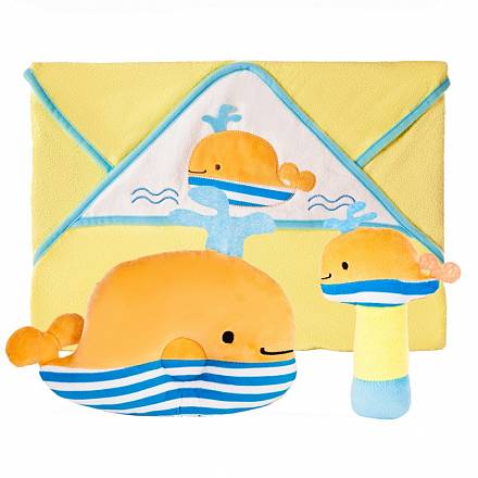 Подарочный набор Веселый кит: полотенце, погремушка и подушка 