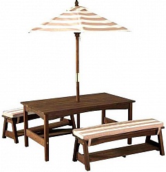 Стол с двумя скамейками и зонтом, белые и бежевые полосы (Kidkraft, 00500_КЕ) - миниатюра