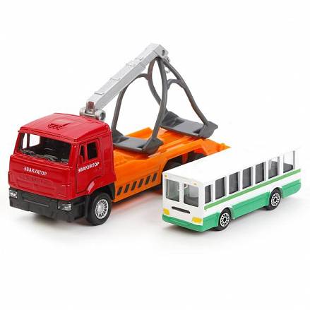 Эвакуатор Камаз инерционный 12 см с автобусом 7,5 см, металлические 
