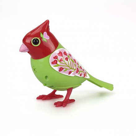Птичка DigiFriends с большой клеткой и кольцом, красная голова и зеленое туловище с сердечками  