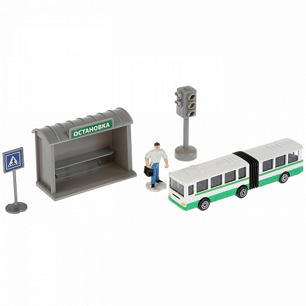 Набор - металлический автобуса с остановкой и аксессуарами, 12 см 