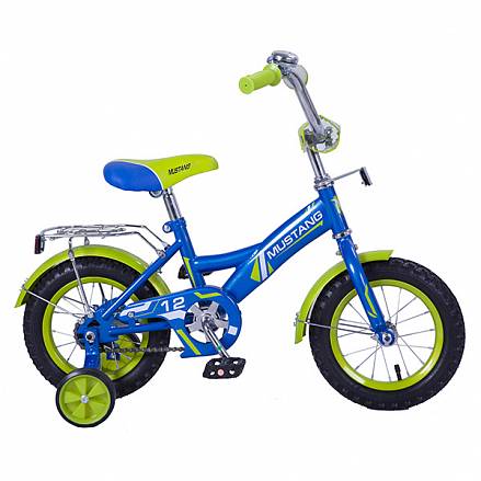 Велосипед детский Mustang, колеса 12", GW-стальная рама, щиток на руле, багажник, страховочные колеса, звонок, цвет – сине-салатовый 