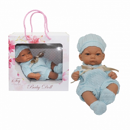Пупс Baby Doll в голубом комбинезоне, пинетках и шапочке, 25 см 