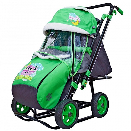 Санки-коляска Snow Galaxy - City-2-1 - Совушки на зеленом, на больших надувных колесах, сумка, варежки 
