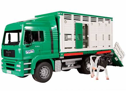 Грузовик Bruder MAN для перевозки животных, с коровой и загрузочной платформой 