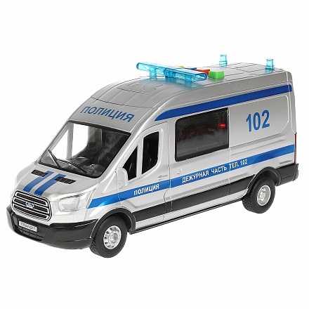 Модель Полиция Ford Transit 22,5 см свет-звук двери открываются серебристая пластиковая 