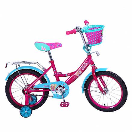 Велосипед детский Barbie с колесами 16", рама А-тип, багажник, страховочные колеса, звонок, плетеная корзинка, розово/бирюзовый 
