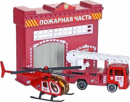 Набор - Пожарная станция с металлической машиной 7,5 см и вертолетом 