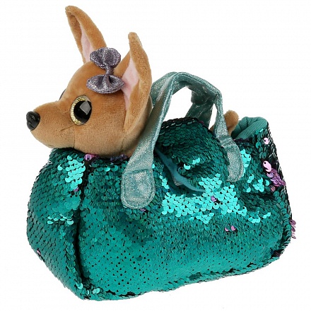 Мягкая игрушка – Собачка, 15 см в бирюзовой сумочке из пайеток 