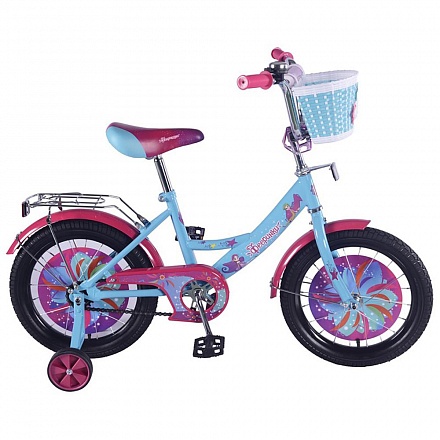 Велосипед детский 16' Фееринки a-тип со звонком, корзиной, багажником и страховочными колесами фиолетовый/голубой 