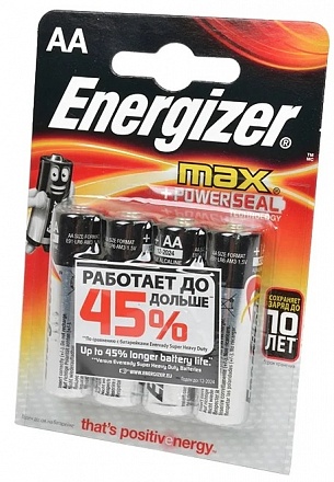 Батарейки Energizer Max PowerSeal, типоразмер АА LR-6, пальчиковые, 4 штуки