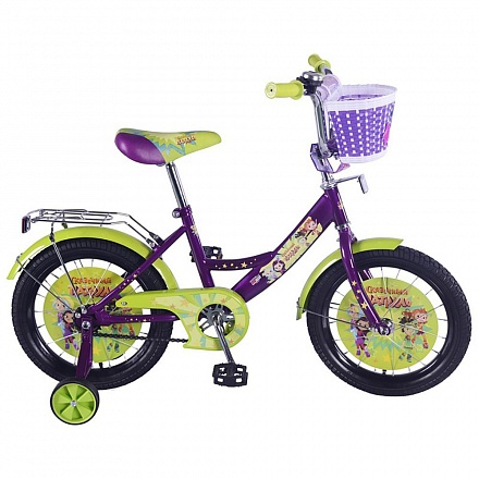 Велосипед детский 16' Сказочный патруль a-тип со звонком, корзиной, багажником и страховочными колесами фиолетовый/салатовый 