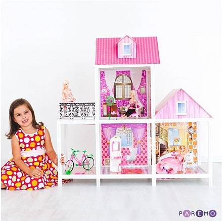 2-этажный кукольный дом, 3 комнаты, мебель, 3 куклы, велосипед 