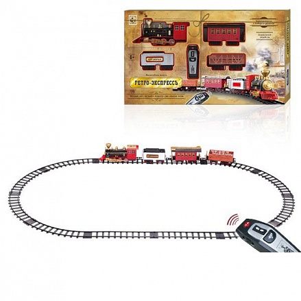 Железная дорога Ретро Экспресс свет, звук, дым, паровоз, 3 вагона, пульт, 16 деталей 