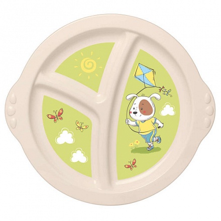 Тарелка детская трехсекционная с зеленым декором, бежевый 